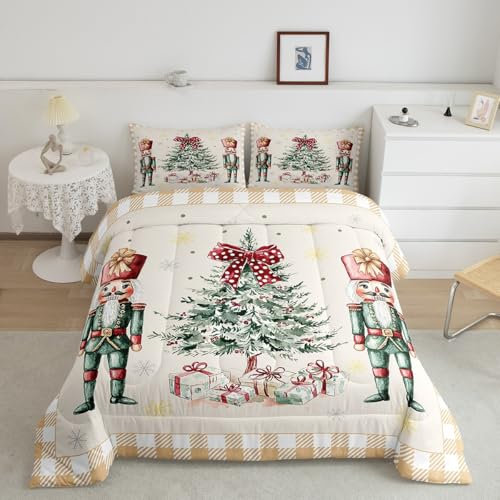 Christmas Trees Kids Comforter Sets King Size,Christmas Nutcracker Bedding Comforter Sets,Yellow Plaid Nutcracker Quilt Sets for Boys Adult Bedroom,Winter Xmas Holiyday Duvet Insert 2 Pillowcases