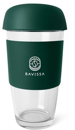 BAVISSA Glass Coffee Cup with Lid and Silicone Sleeve (Dark Green) | 500ml, BPA Free, Eco Friendly