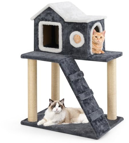 SOARS Árbol rascador con casa para gatos, escalera, cueva, troncos de sisal, 90 cm de alto, árbol de escalada para gatos, color gris