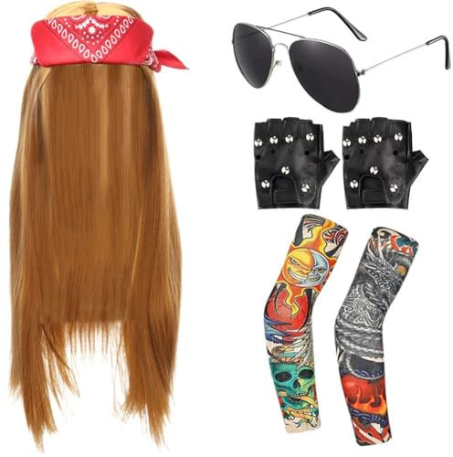 Vobumix Rocker Costume Set with Wig Gloves Sunglasses Bandana Sleeves Star Accessories for 70s 80s Party Fancy Dress