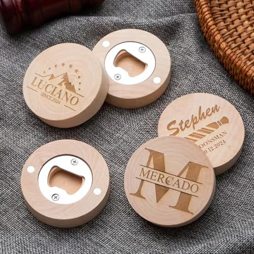 Abridor de botellas con imán de madera redondo con logotipo personalizado, regalo for padrinos de boda, abridor de cerveza de madera maciza personalizado for fiestas, invitados a la boda.(10pcs)