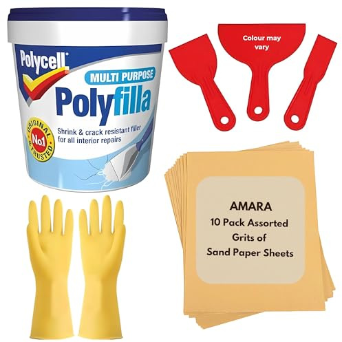 Polycell Wall Repair Bundle with Polyfilla Ready Mixed, Amara 3pcs Plastic Scraper, Sandpaper for Walls & Rubber Gloves – All-in-One Wall Filler & Plaster Repair Bundle for DIY Fixes