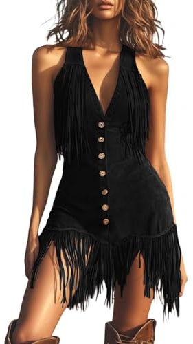 Gilet à franges pour femme - Robe de cowgirl - Costume occidental - Jupe de festival - Mode bohème - Robe à bretelles spaghetti - Hip Hop - Robe de fête avec pompon - Vêtement médiéval - Robe midi, 02