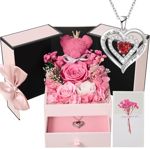 Rose Eternelle Cadeau pour Femme pour la Fête des Mères | Roses Uniques Conservées Fleurs avec Ours Rose et Collier Cadeaux pour Maman,Épouse,Grand-Mère | Anniversaire,Fête des Mères,Anniversaire