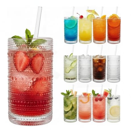 12-Piece Hobnail Drinking Glasses Set, 12 oz Large Vintage Highball Glassware with Straws, Heavy Textured Beaded Tall Tumblers for Water, Juice, Soda & Cocktails, Clear Retro Barware, Dishwasher Safe