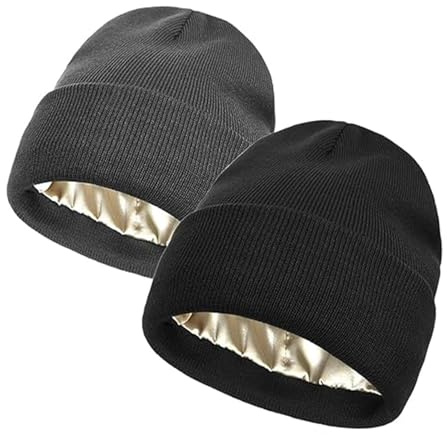 Muorruo 2 Pièces Bonnet Homme, Bonnet d'Hiver Unisexe Tricoté avec Doublure Satin pour Femmes, Hommes, Adolescents, Bonnet Chaud et Douillet pour Ski, Course, Quotidien, Noir + Gris
