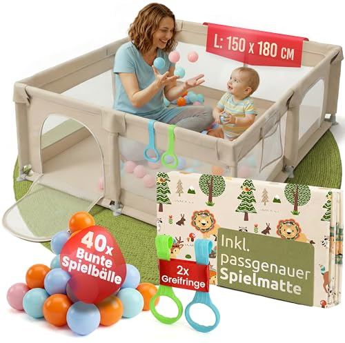 Mallie® Faltbare Krabbelmatte mit Laufstall 150x180cm Beige inkl. Gratis 40 Bälle – Laufgitter mit Leinen Gewebe, Playpen, Baby Play Mat, Spielmatte Baby Faltbar