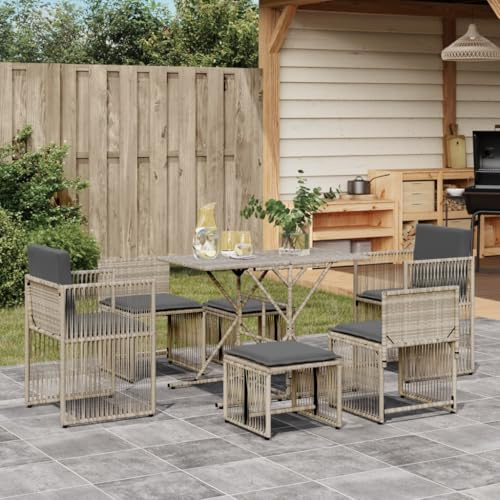 QJBSAVVA 7-TLG. Gartenmöbel Set Hellgrau Poly Rattan Gartentisch 104 x 56 cm 2 Sessel 2 Stühle 2 Hocker platzsparend Balkonmöbel Gartenlounge Sitzgruppe Outdoor für kleinen Balkon Terrasse