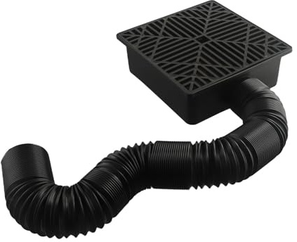 FUANA Kit di scarico per lavabo a basso profilo, per uso sotterraneo, 23 x 23 cm, in PVC nero con tubo flessibile da 6,5 cm (allungabile da 41,7 cm a 1,6 m), per deflusso dell'acqua piovana e gestione