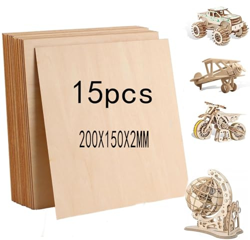 DAHI 15 Pezzi Pannello Compensato 2mm - Legno Compensato 20 x 15 cm - Fogli di Legno Sottili per Modellare, Taglio Laser e Pirografia (A5)
