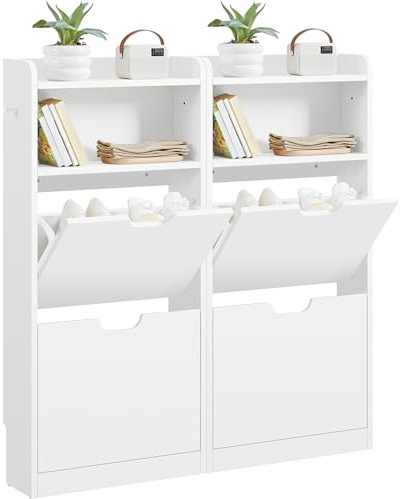 Yaheetech Armario de Zapatos Estrecho con 4 Solapas y 2 Compartimentos Abiertos Mueble Zapatero Armario Moderno con Ganchos para Sala de Estar Pasillo Entrada 100x17x108 cm Blanco