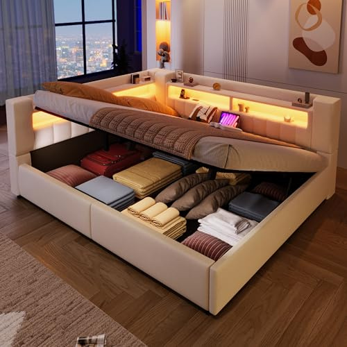 Qsddk Schlafsofa Polsterbett 140x200 cm mit LED-Beleuchtung und USB-Typ-C Ladefunktion, Hydraulisches Bett mit Stauraum, Doppelbett Tagesbett, Bettgestell mit Lattenrost, Leinen, Beige, Ohne Matratze