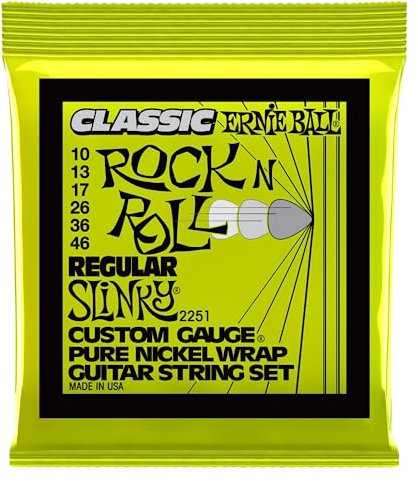 Ernie Ball Regular Slinky klassische Rock‘n‘Roll-E-Gitarrensaiten, reine Nickelwicklung, Stärke 10–46