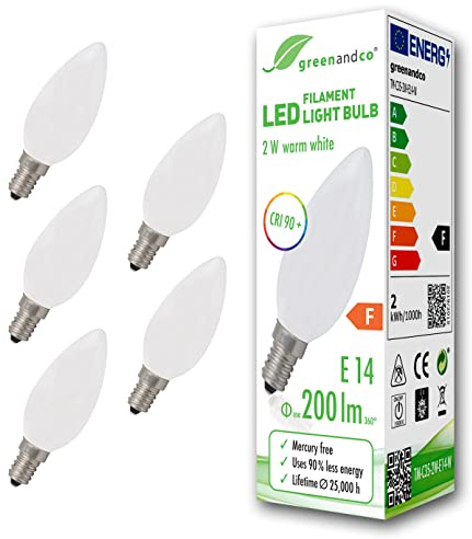 greenandco 5x Bombilla de filamento LED IRC 90+ E14 opaca 2W (corresponde a 20W) 200lm 2700K (blanco cálido) 360° 230V AC vidrio, sin parpadeo, no regulable