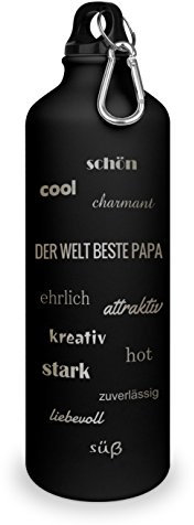 Trinkflasche mit Namen Welt Beste Papa - graviert mit Positive Eigenschaften, Aluminiumflasche mit Gravur, Sportflasche - matt schwarz