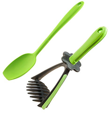 Kochblume Kartoffelstampfer & Soßenlöffel L 2er Set | Premium-Silikon | Hitzbeständig | Spülmaschinenfest | Farbe: limette