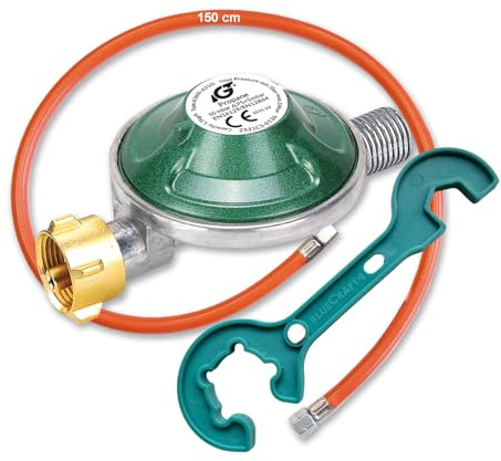 Bluecraft Set Gasregler 50 mbar mit Gasschlauch 150 cm & Gasreglerschlüssel | Für Gaskocher, Gasgrill, Gasofen, Hockerkocher, Gasflasche - Gasflaschenschlüssel, Gasdruckregler, Druckminderer, Propangas