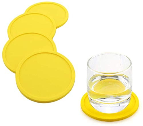 FülleMore 4er Set Silikon Glasuntersetzer rutschfest Getränkeuntersetzer Tischuntersetzer Tassenuntersetzer 10cm Rund Untersetzer für Glas Tassen Vasen Kerzen (Gelb)