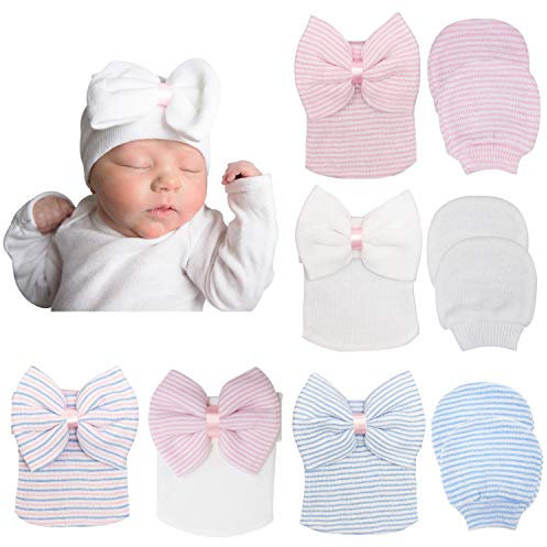DRESHOW Neugeborene Baby Mütze Fäustlinge Krankenhaus Hut Beanie Säuglingshüte mit Schleife Baby Handschuhe
