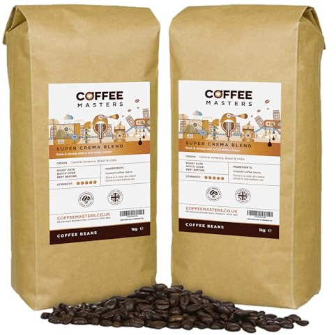 Coffee Masters Super Crema Espresso Coffee Beans 2kg (2x1kg) - Intensely Strong Dark Roasted Blend of Arabica and Robusta Whole Bean - Ideal for Barista Machines