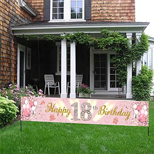 Tecreo 18. Geburtstag Deko 18 Geburtstag Banner Rosegold Party Dekoration Mädchen, Stoff Schild Poster 18. Jahrestag Party Hofbanner Geburtstagsdeko Glitzern Rosa, 300cm x 50cm