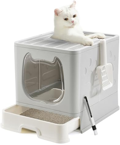 Pawsayes Katzentoilette, Faltbare Katzenklo, Katzentoilette mit Deckel, Haustiertoilette inklusive Schaufel und sauberer Bürste, Leicht zu Reinigen
