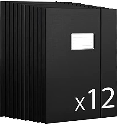JiaWei 12 Stück 3mm Breite Sammelmappe A4 aus Karton, Aus 350g/m² extra starkem Karton mit 3 Klappen Für Din A4 Mappe, Mit Namensfeld & Gummizug, für Archivbox Heftbox Dokumentenbox - Schwarz