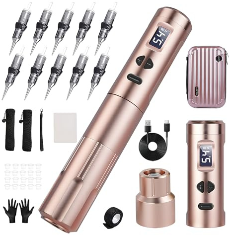 Permanent Makeup Maschine kabellose, 3mm Stroke Length Microblading Pen mit 2 Stück Batterien,10 Stück Patronen Nadeln, 1000 mAh Akku Coreless Motor, Profis Rotary Tattoo Gun mit OLED Display(Rotgold)