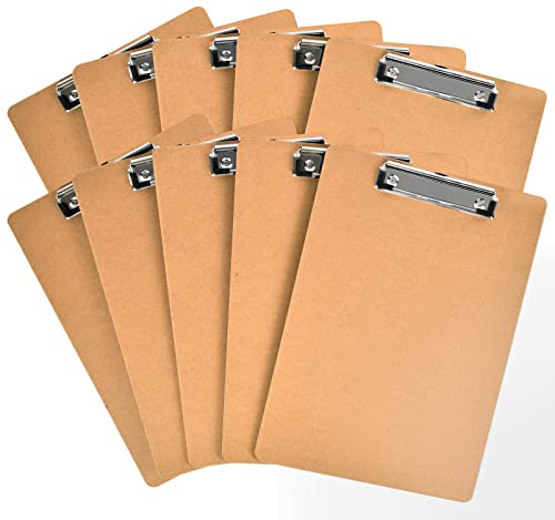 HappyHapi 10 Pack Clipboard 8.5 x 11 Letter Size Clip Boards Bulk, A4 Wooden Hardboard Office Clipboards Pack for Classroom, Work-Meetings, Brown