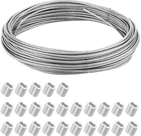 Cable de alambre de acero inoxidable 316 de 50 m, 2 mm, cable largo para aviones con 25 piezas de aluminio engarzado manguitos I 7 x 7 núcleos de hilo I Cuerda de acero para exteriores