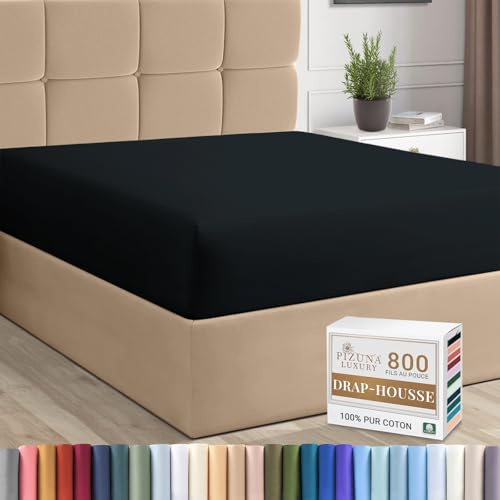 Pizuna Luxueux Drap Housse 160x200 cm Noire, 100% Coton Longue Tige 800 Fils Armure Satin, Drap Housse de Luxe Bonnet 40 cm (Noire Drap-Housse Coton 2 Personne)