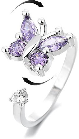 Amethyst-Schmetterling, Fidget-Angst-Ringe für Damen und Mädchen, violett, Zirkonia, frei drehbar, Inspirationen, zum Stressabbau, offener Stapel-Fingerring, Ewigkeitsversprechen, Statement, modisch