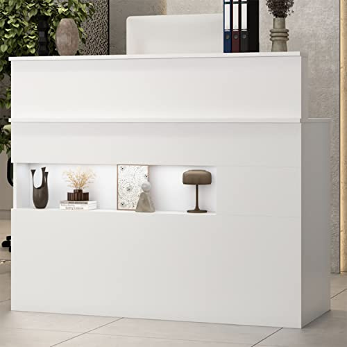 Caldion Bancone Reception con LED, Cassetti e Armadietti con Serratura, Clinica, Salone, Hall, Bianco, 120 cm x 50 cm x 99,5 cm