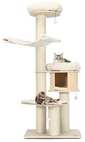 COSTWAY Klösträd stort, 174 cm, kattträd med hängmatta och kattgrotta och plyschbollar, 14,5 cm tjocka stammar, klösträd för katter, kattmöbler, klätterträd, aktivitetsträd, lekträd, beige