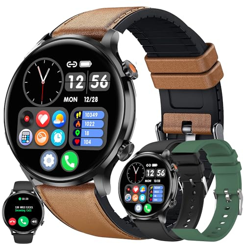 MYSHUN Montre Connectée Homme avec Appels Bluetooth, 1,39'' Cuir Smartwatch avec 123 Modes Sportifs/SpO2/Lecteur de Musique/Fréquence Cardiaque/Sommeil/Podomètre Bracelet pour Android iOS (Marron)
