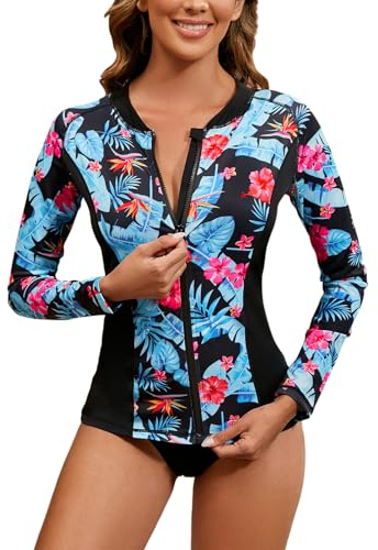 LURANEE Rashguards für Damen, mit Reißverschluss, langärmelig, UV-Schutz, Schwimm-Shirts, Blaues Blatt, S