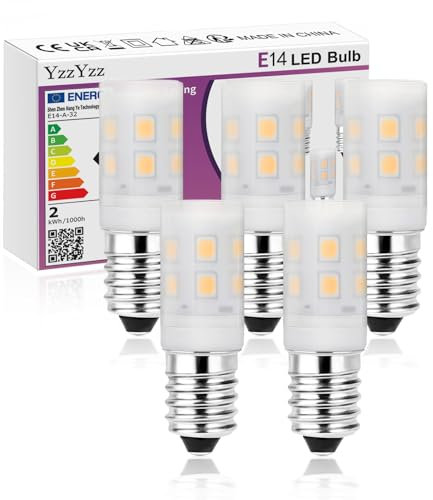 YzzYzz Kühlschranklampe E14 LED Lampe, ersetzt 30W Halogenbirne - Energiesparend 1.8W Warmweiß 2700K, 245LM, 85Ra für Kühlschrank, Nähmaschine, Tischlampe, 230V AC, Umweltfreundliche LED, 5er Set