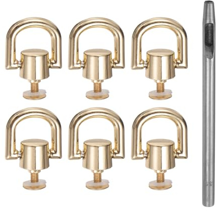 sourcing map 6pcs Metal Studs Rivets 8mm D-Ring Button Rivets with Leather Hole Punch for Leather Craft, Gold Tone