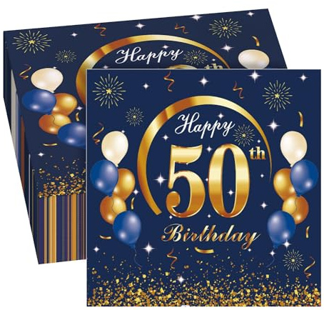 GROVBLE 40 Stück Servietten 50. Geburtstag - Blau für Mann und Frau, Happy Birthday, 33 x 33cm