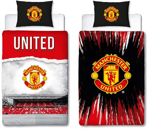 Manchester United FC Official Single Duvet Cover Set, Theatre Design | Red Reversible 2 Sided Football Stadium Bedding Cover Official Merchandise Including Matching Pillow Case