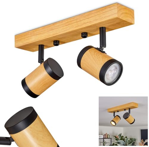 HOFSTEIN Deckenleuchte Martim, moderne Deckenlampe aus Holz/Metall in Natur/Schwarz, Leuchte 2-flammig im skandinavischen Design mit verstellbaren Strahlern, 2 x GU10, ohne Leuchtmittel