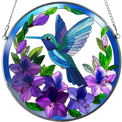 Jawnlity Vitral para colgar en la ventana, adorno de ventana de colibrí de 8.6 pulgadas para interiores y exteriores, pintado a mano, regalo para mujeres, amantes de la naturaleza de los pájaros