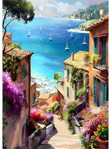 DPHERO DIY Haus am Meer Diamant Painting Bilder für Erwachsene Anfänger,5D Landschaft Diamond Painting Set,DIY Runde Steine Blumen Diamant Kunst Kits,Haus Diamant Painting für Zuhause Dekor 30x40 cm