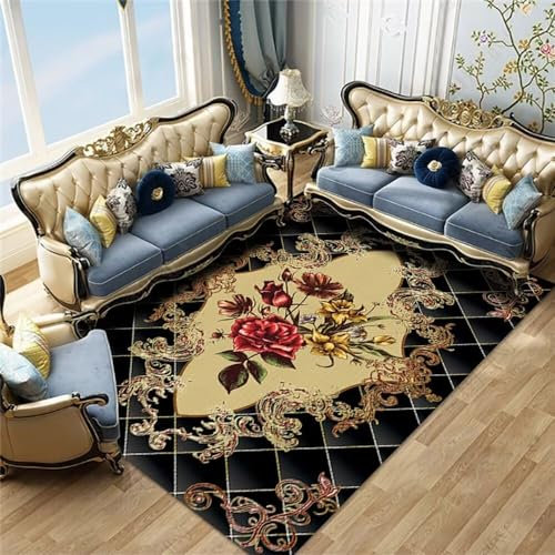RUGMRZ Balkonteppich Outdoor Fleckerlteppich Rotes Blumenmuster rechteckiger Flächenteppich Vintage Teppich schalldicht Teppich Outdoor 60X90CM