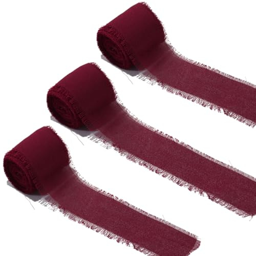 EPLZON Weinrot Chiffonband 3,8 cm Fringe Chiffon Ribbon, Gemischtes Fransenband-Set, Chiffon-Seidenband für Hochzeitseinladungen, Geschenkverpackung, dekoratives Band, 3 Rolls
