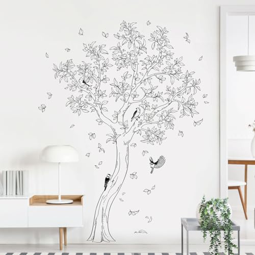 Decvictor Stickers Muraux Esquisse Grand Arbre Autocollant Mural Oiseaux en Ligne Noire Decoration Murale pour Chambre Salon Allée Bureau Canapé Fond TV Mur (H172cm)