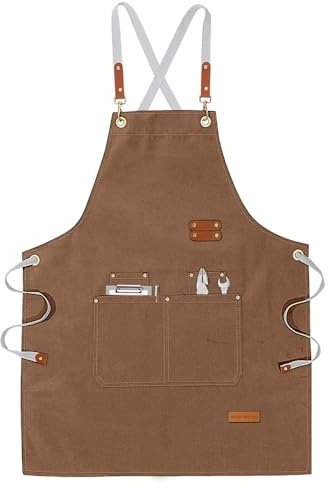 Canvas Apron with 3 Pockets, Cleaning Supplies Chefs Apron Cross Back with Adjustable Strap for Women Men Unisex for Home Work Kitchen Restaurant Coffee Bake Gardening BBQ Painting (Light Coffee)