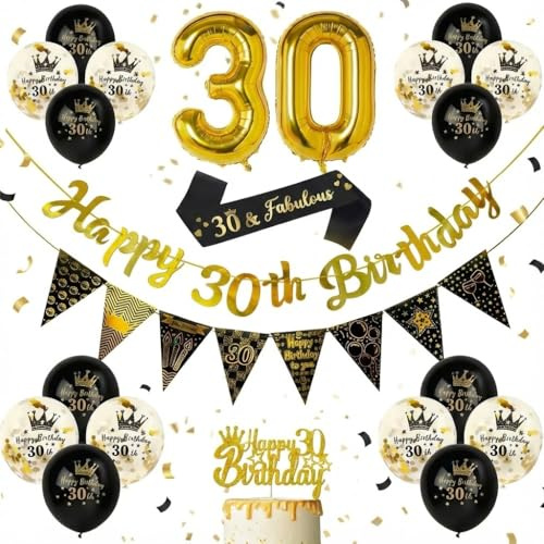 30th Birthday Decorations for Women & Men – Black and Gold Party Supplies with Happy Birthday Banner, 32 Inch Gold Number Balloons, Confetti Balloons, Sash, Cake Topper & Triangle Bunting