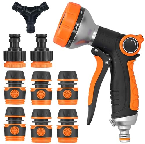 10pc Garden Hose Pipe Connectors and Fittings with Hosepipe Spray Gun - Outside Tap Kit Including 9 Hosepipe Connectors and Hose Pipe Spray Gun - Garden Accessories Outdoor Tap Kit for Watering Plants