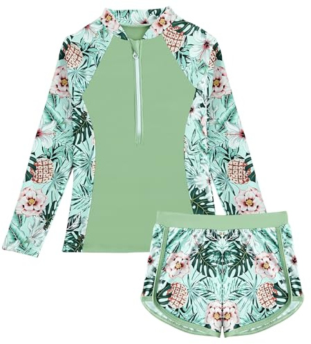 SEAUR Mädchen Badebekleidung Kinder Zweiteiliger Badeanzug Sonnenschutz Schwimmanzug Rashguard Set 1/2 Zip Langarm Schwimmshirt Badeshorts - 130